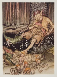 Klein Duimpje ging zachtjes naar de reus en trok zijn zevenmijlslaarzen uit, uit The Arthur Rackham Fairy Book, gepubliceerd 1933
