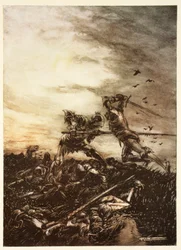 Hoe Mordred werd gedood door Arthur, en hoe Arthur door hem dodelijk werd verwond, illustratie uit Alfred Pollard