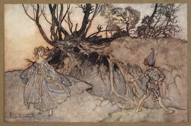 Hoe nu, geest! Waarheen dwaal je?
Puck en een fee. Een scène uit 