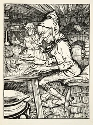 Leg!, brulde de reus en toen legde de hen onmiddellijk een ei van massief goud, uit The Arthur Rackham Fairy Book, gepubliceerd 1933