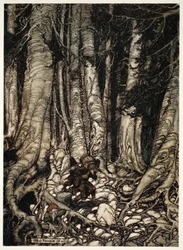 Elkaar afwisselend klommen ze een smalle kloof op., uit Rip Van Winkle door Washington Irving, uitgegeven 1910