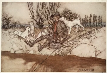 Geen enkele hond zou naar hem blaffen in de hele buurt., uit Rip Van Winkle door Washington Irving, uitgegeven 1910
