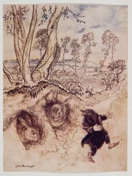 Uien-saus! Uien-saus! merkte hij spottend op, en was verdwenen voordat ze een antwoord konden bedenken, uit Wind in the Willows van Kenneth Grahame, pub. 1940
