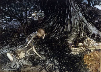 Puck legt een magisch filter op de oogleden van slapende personages. Illustratie door Arthur RACKHAM (1867-1939) voor De Droom van een Zomernacht door William SHAKESPEARE