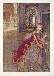 Ze nam toen de kleine sleutel en opende de deur, trillend, uit Het Arthur Rackham Sprookjesboek, uitgegeven 1933