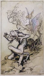 Sprite en monster, een illustratie uit Verhalen van Shakespeare door Charles en Mary Lamb