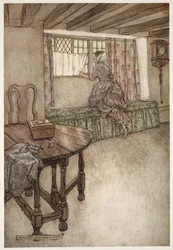 Vreemde namen stonden boven de deuren - vreemde gezichten bij de ramen - alles was vreemd., uit Rip Van Winkle door Washington Irving, pub. 1910