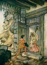 Nadat Jack de sleutels van het kasteel had genomen, opende hij alle deuren, illustratie bij „Jack de reuzenkiller“ uit „Engelse sprookjes naverteld door F. A. Steel“