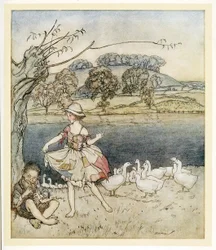 Tattercoats dansen terwijl de ganzenhoeder fluit, uit Engelse sprookjes, pub. 1922