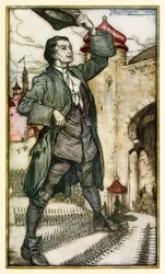 De keizer van Lilliput inspecteert zijn troepen, uit Deel I: Een reis naar Lilliput in Gullivers Reizen door Jonathan Swift