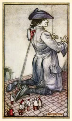De Lilliputische kleermakers meten Gulliver voor een nieuw pak, uit Deel I: Een reis naar Lilliput in Gullivers Reizen door Jonathan Swift