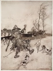Ook de honden, waarvan hij er geen enkele herkende als een oude bekende, blaften naar hem terwijl hij voorbijging., uit Rip Van Winkle door Washington Irving, uitgegeven 1910