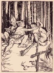 De reus gaf degene die naast hem zat een klap op het oor. Illustratie door Arthur Rackham uit Grimm