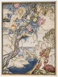 Het eiland is vol geluiden, klanken en zoete luchtjes, die vreugde geven en geen pijn doen, illustratie uit William Shakespeares De Storm, uitgegeven 1926