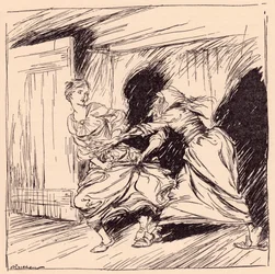 De oude vrouw greep haar bij de jurk en probeerde haar vast te houden. Illustratie door Arthur Rackham uit Grimm