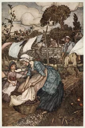 De vrouwen van het dorp vroegen hem altijd om klusjes te doen die hun minder behulpzame echtgenoten niet voor hen wilden doen., uit Rip Van Winkle door Washington Irving, uitgegeven 1910