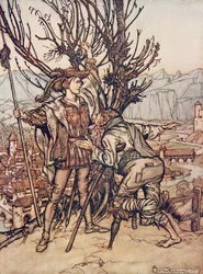 De jonge prins zei: Ik ben niet bang; ik ben vastbesloten om de mooie Doornroosje te zien, uit De Sprookjes van de Gebroeders Grimm, pub. 1909