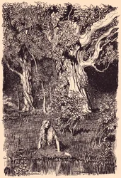Daar zat ze en zou lange tijd blijven zitten als er niet een geritsel en gekraak in de takken van de dichtstbijzijnde boom was geweest. Illustratie door Arthur Rackham uit Grimm