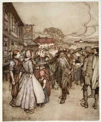 Ze verdrongen zich om hem heen en bekeken hem van top tot teen met grote nieuwsgierigheid., uit Rip Van Winkle door Washington Irving, uitgegeven 1910