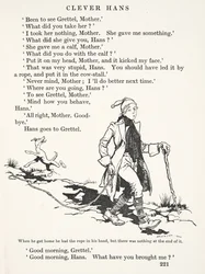 Toen hij thuis kwam, had hij het touw in zijn hand, maar er zat niets aan het einde van, uit De Sprookjes van de Gebroeders Grimm, uitgegeven 1909