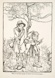 Toen het scherp genoeg was, keek hij rond naar vreemden, uit Kleine Broer & Kleine Zus en Andere Verhalen door de Gebroeders Grimm, pub.1917 (litho)