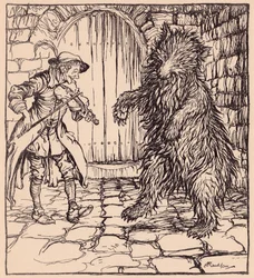 Toen de beer de muziek hoorde, kon hij niet anders dan beginnen te dansen. Illustratie door Arthur Rackham uit Grimm