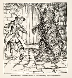 Toen de beer de muziek hoorde, kon hij niet anders dan beginnen te dansen, uit Kleine Broer & Kleine Zus en Andere Verhalen door de Gebroeders Grimm, uitgegeven 1917