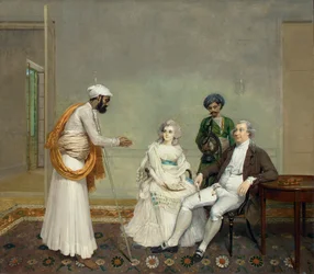 Portret van rechter Suetonius Grant Heatly en Temperance Heatly met hun Indiase bedienden, in een interieur in Calcutta
