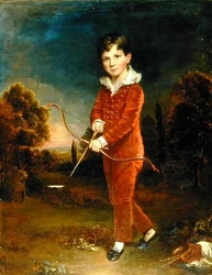 Portret van een jonge jongen in een rood pak met een boog en pijl