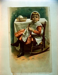 Een breiend kind (kleurenlitho)