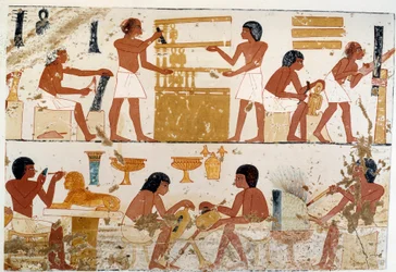 Ambachtslieden aan het werk. Facsimile gereproduceerd naar een document uit Thebe, periode van Amenophis III (18e dynastie)