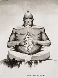 CASTELAO, Daniel Alfonso Rodriguez (1886-1950). Spaanse verteller, humorist, tekenaar, antropoloog en politicus. Spaanse Burgeroorlog (1936-1939). "Dit is de God van de fascisten." Afbeelding uit de serie "Galicia martir", door Alfonso Ro