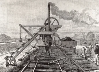 Constructie van het Panamakanaal. Baggerwerkzaamheden in het dorp Culebra. Originele tekening door Meltor Prior. Afbeelding gepubliceerd in "The Illustrated London News". Gravure.