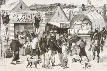 Engeland (19e eeuw). Kolonisatie (1880). Het leven van de goudzoekers in Australië. Engelse kolonie Botany Bay (gesticht in 1788) en aanvankelijk voornamelijk bevolkt door criminelen die goudzoekers en handelaren werden. Gravure. Privécollectie