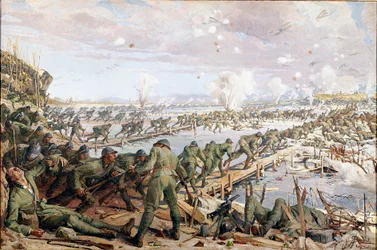 Eerste Wereldoorlog: de Slag om Piave in juni 1918 (aquarel)