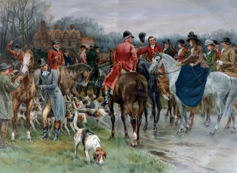 Jacht in Engeland. Man in jachtkostuum en vrouwen op amazonepaarden verzamelen zich voordat ze gaan jagen (gravure)