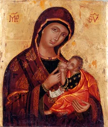 Icoon: "Maagd en kind" Anonieme houten schildering. Kerk Santa Maria delle Grazie al Trionfale, Rome