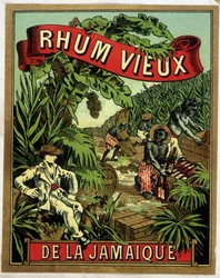 Jamaicaans rumlabel. Zwarte arbeiders die suikerriet plukken worden gadegeslagen door een blanke man.