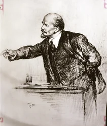LENIN Vladimir Ilich (1870-1924): Lenin houdt een toespraak. (tekening)
