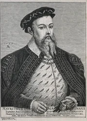 Maurits van Saksen (1521-1553). Hertog (1541-47) en later keurvorst (1547-53) van Saksen. Protestant sinds 1539. Portret gebaseerd op een schilderij van Lucas Cranach. Gravure