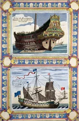 Koopvaardijschepen van de Verenigde Oost-Indische Compagnie (ingekleurde gravure)
