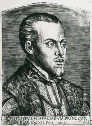 PHILIPS II van Spanje (1527-1598). Koning van Spanje (1556-1598) en Portugal (1580-1598). Portret van Philips nog als prins. Houtsnede.