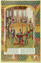 Voorstelling van Koning Arthur en de ridders van de Ronde Tafel (miniatuur)