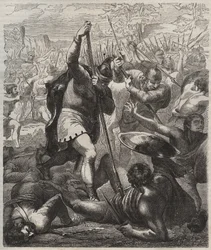 Voorstelling van Pelage de veroveraar koning van Asturië triomfantelijk tegen de Saracenen, 719, Covadonga, Spanje".