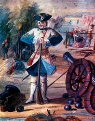 Voorstelling van een grenadier van het regiment van koning Lodewijk XV (1723-1774) circa 1740, detail, circa 1740 (olieverf op doek)