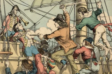 Robert Surcouf Frans zeeman en zeerover, hier aan boord van engelse boot "Triton" in 1796 (gravure)