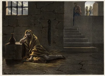 Johannes de Doper in de gevangenis. De profeet Johannes de Doper die het overspel van koning Herode Antipas met Herodiad, de vrouw van zijn eigen broer, aan de kaak stelde, werd in de gevangenis gezet.