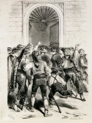 Spanje (1873). Uitroeping van de Eerste Republiek en bestorming van het stadhuis van Barcelona (11 februari 1873). Ets.