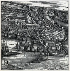 De haven van Venetië in de 16e eeuw (gravure)