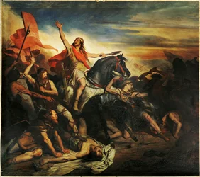 De slag bij Tolbiac tussen de Alamannen en de Franken van Siegbert ... (schilderij op doek)
